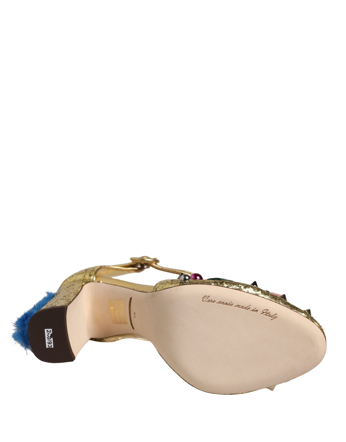 Gold Fur Trim Glitter T-strap Sandals Shoes