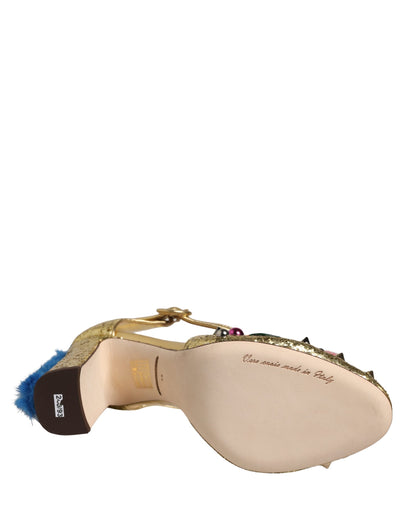 Gold Fur Trim Glitter T-strap Sandals Shoes