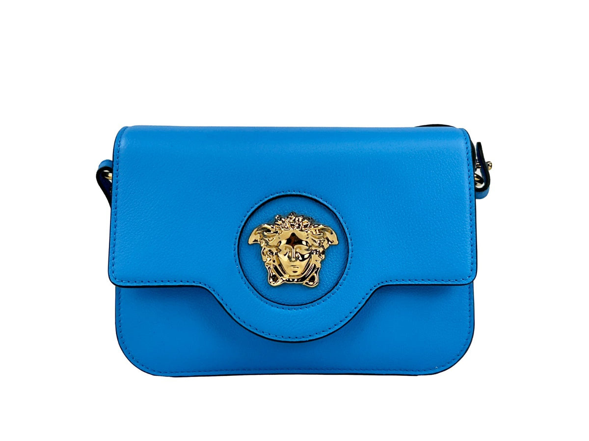 Versace La Medusa Blue Leather Shoulder Crossbody Bag Purse