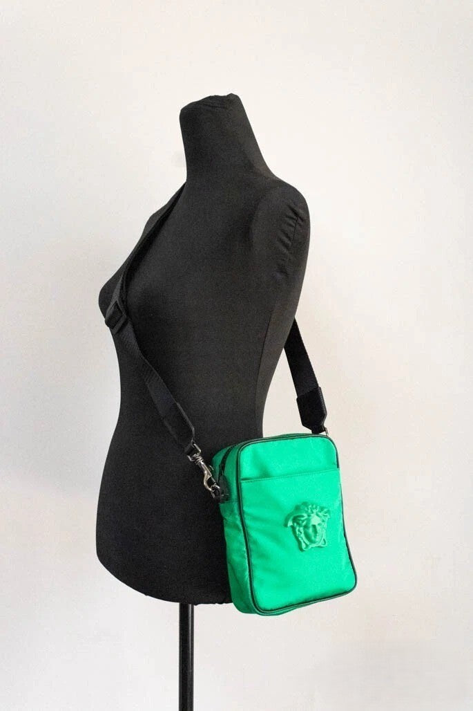 Versace Small Bright Green Nylon Fabric Medusa Crossbody Messenger Bag Purse