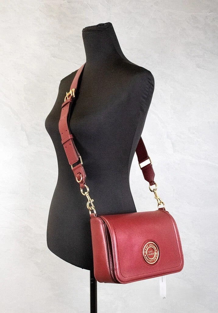Marc Jacobs Medium Metal Signet Syrah Smooth Leather Flap Crossbody Purse Bag