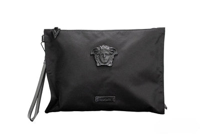 Versace Large Black Nylon Fabric Medusa Convertible Pouch Clutch Wristlet Bag