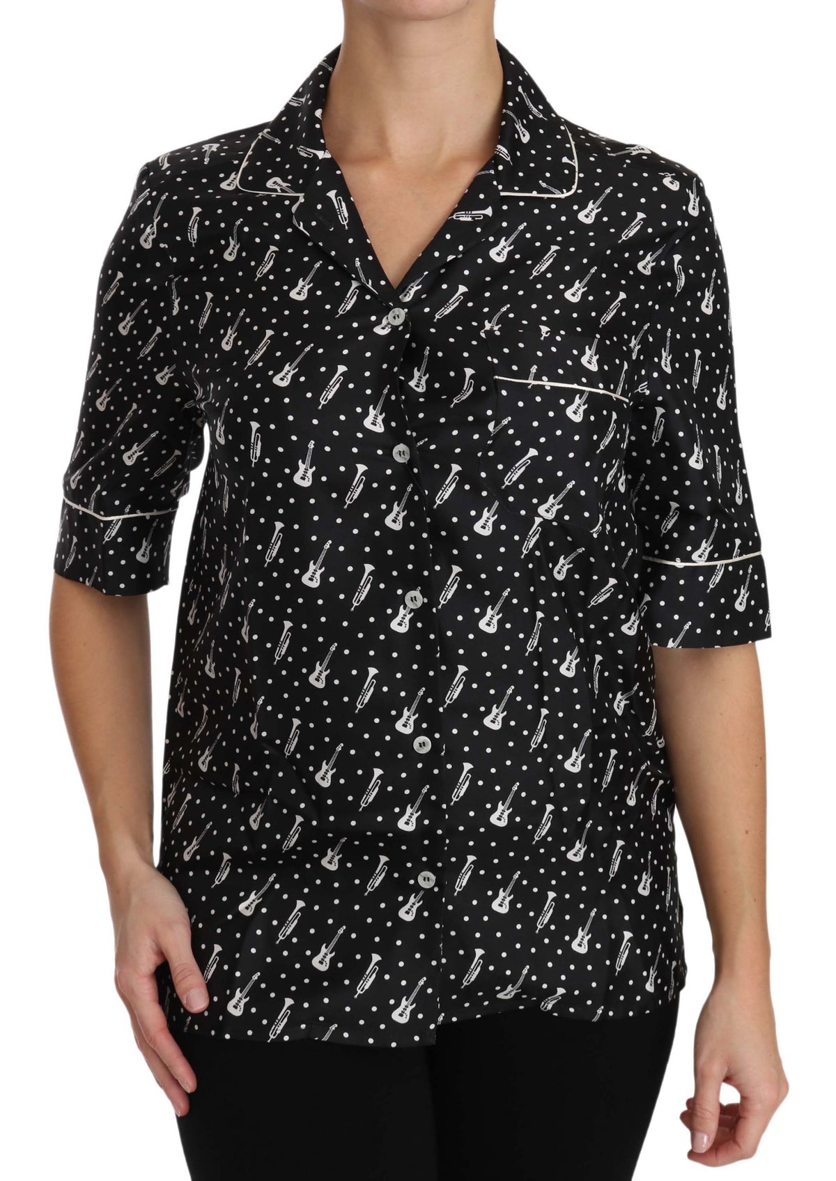 Black GuitarTrumpet Print Silk Shirt Top