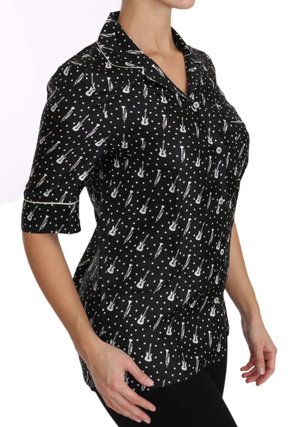 Black GuitarTrumpet Print Silk Shirt Top
