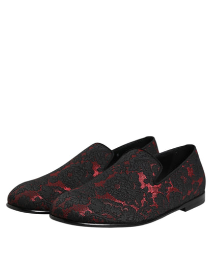 Red Black Jacquard Slip On Loafers Shoes