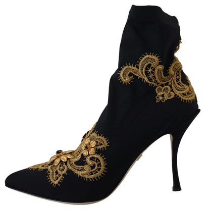 Black Gold Embroidery Crystal Boots Shoes