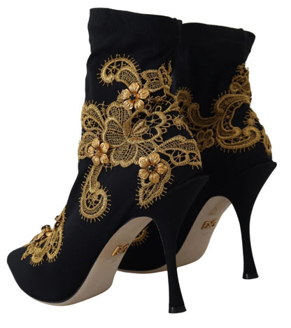 Black Gold Embroidery Crystal Boots Shoes