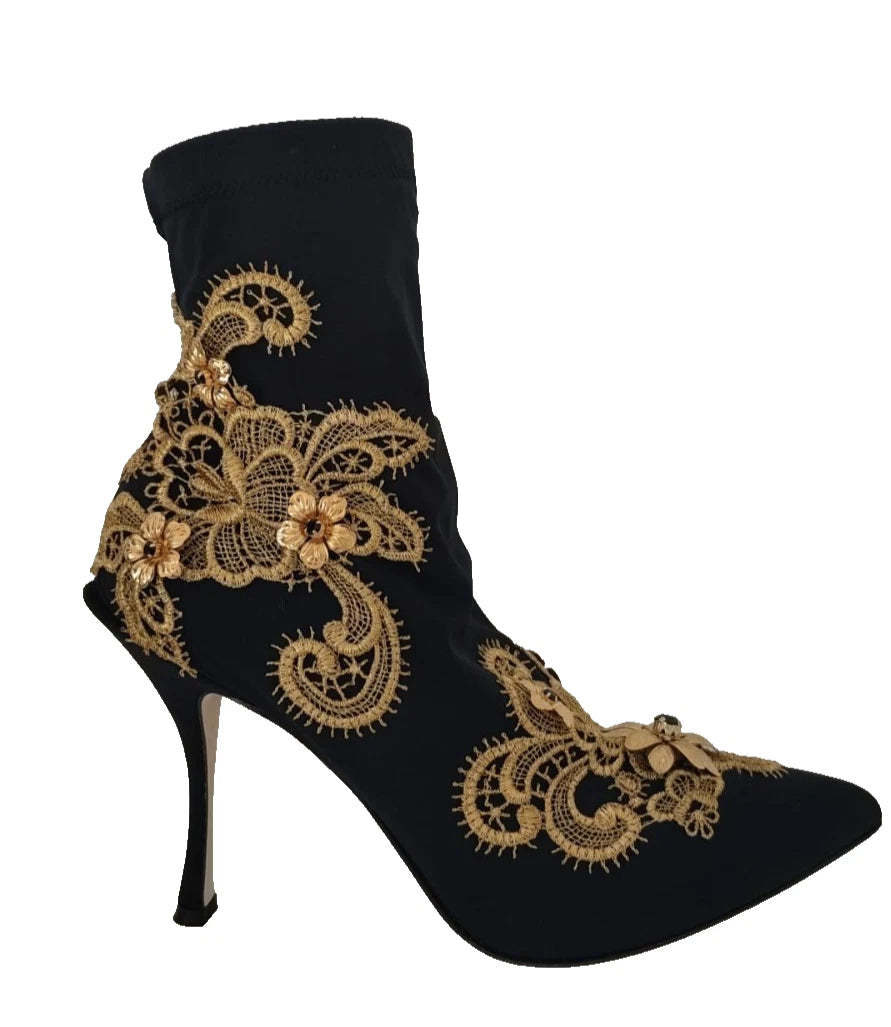 Black Gold Embroidery Crystal Boots Shoes