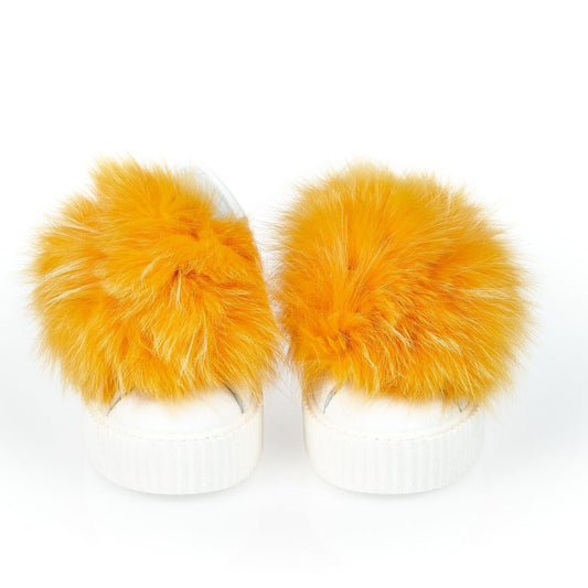 White Textile Women Sneaker With Real Fur Pom Poms