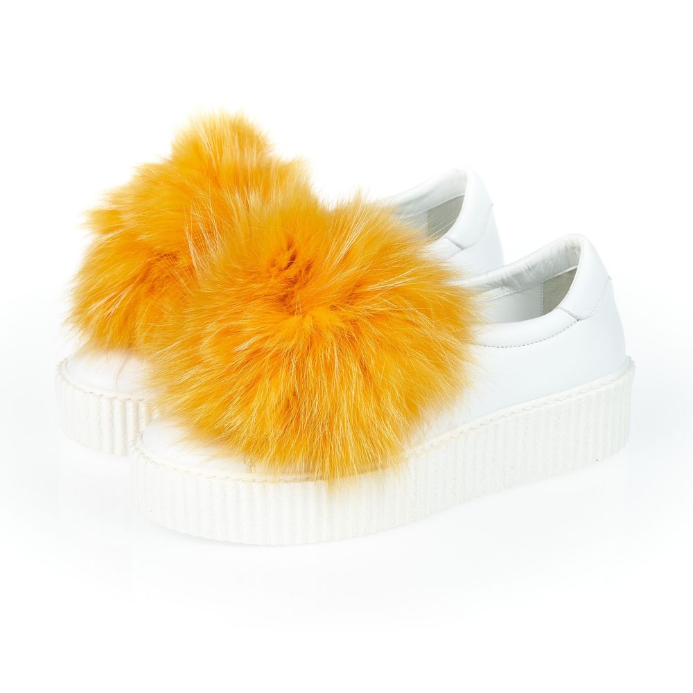 White Textile Women Sneaker With Real Fur Pom Poms