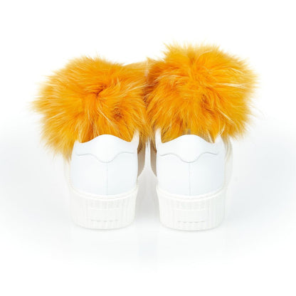 White Textile Women Sneaker With Real Fur Pom Poms
