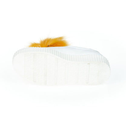 White Textile Women Sneaker With Real Fur Pom Poms